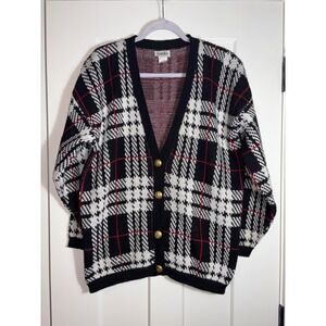 Vintage Cuddle Knit Plaid Cardigan Sweater Size M Black/White/Red Gold Buttons‎